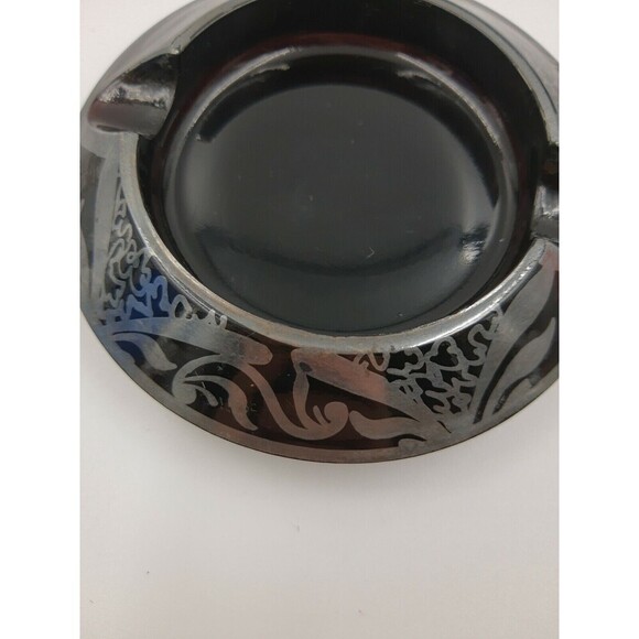 VINTAGE 4" Dia Dark Purple Glass Ashtray Silver Painting - Picture 5 of 7